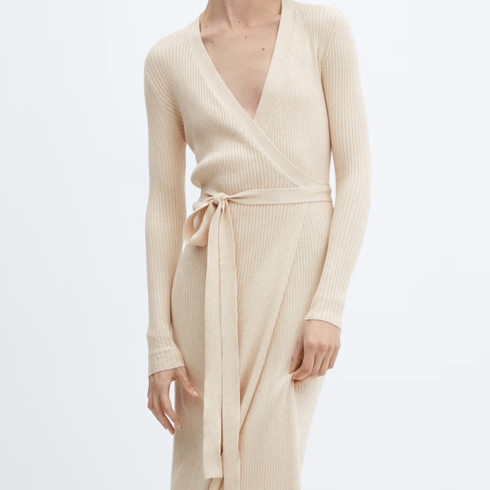 Mango Beige Long Sleeve Wrap Sweater Dress